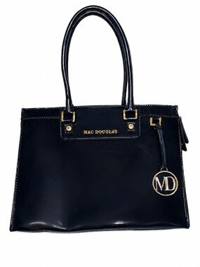 💎 MAC DOUGLAS Paris Navy Patent Leather Structured Tote Gold Hardware Chic Y2K